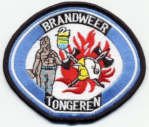 Tongeren - Distintivo bianco e azzurro con al centro un elmo su sfondo di fiamme
