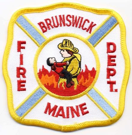 Brunswick - Distintivo bianco con al centro un pompiere con bambino su sfondo di fiamme