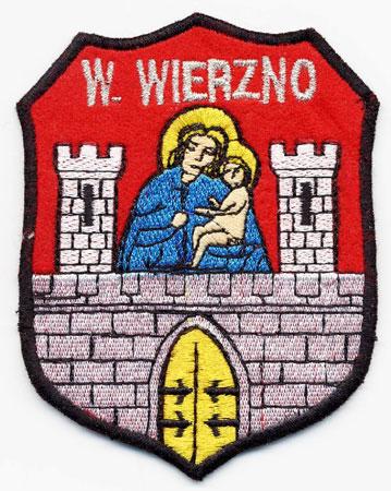 Wierzno - Distintivo rosso con al centro Madonna con Bambino su un castello